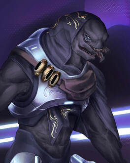 A full render, halfbody illustration of my original sangheili character Gulan
